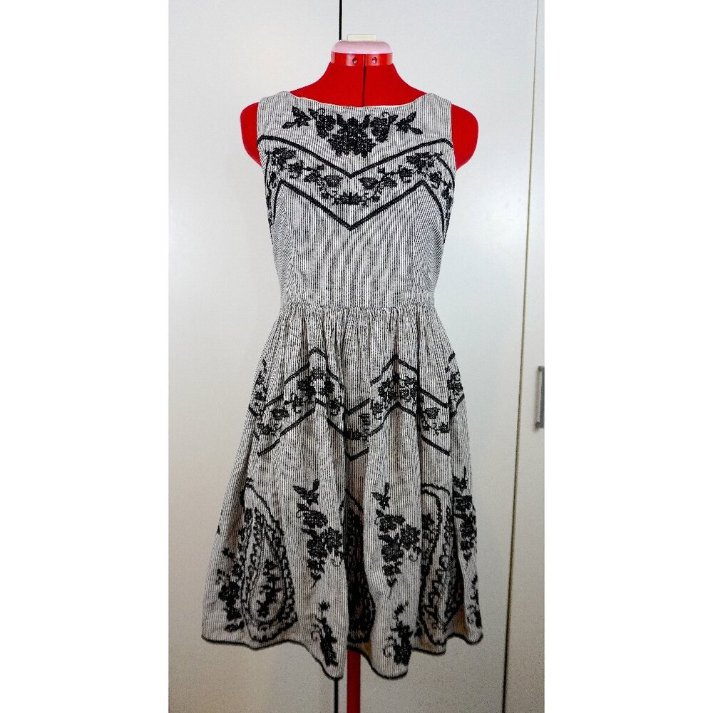 ModCloth (K Derhy) Grey & White Stripe Dress with Black Lacey Appliqué